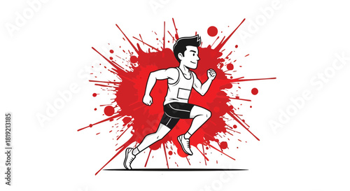 Dynamic runner illustration with a vibrant red splash background capturing energy and movement