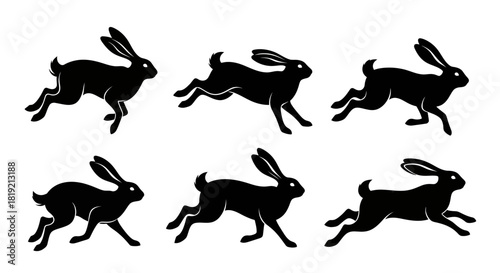 Dynamic silhouettes showcasing a swift movement of rabbits in playful poses minimal style