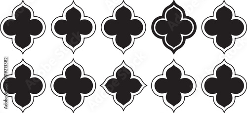 Black quatrefoil figures are repeated precisely across the white background, creating an attractive layout