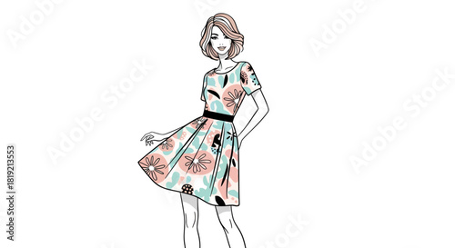 Elegant fashion illustration featuring a woman in a floral dress against a stark white backdrop