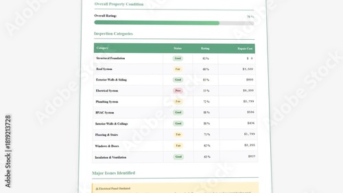 Comprehensive detailed home inspection report template: interactive property condition ratings with animated repair cost estimates
