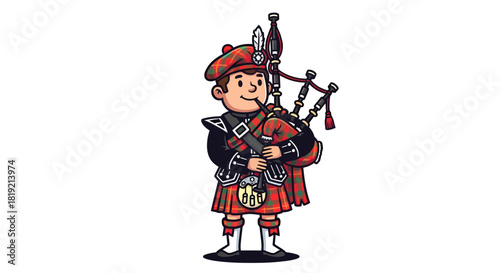 Enchanting cartoon of scotsman playing bagpipes in traditional attire against white backdrop