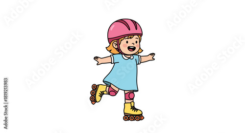Enthusiastic young girl enjoying roller skating with protective gear cartoon image