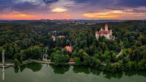 view of Konopiste Castle at sunrise in the fog