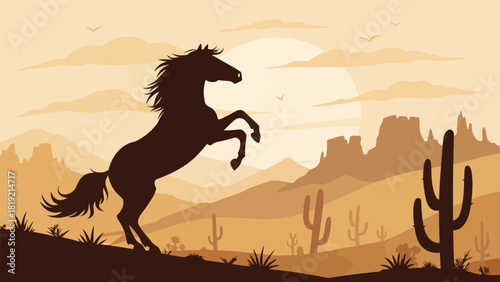 Majestic horse rearing in the desert against a backdrop of mountains, cacti, and a setting sun, perfect for nature, travel, or western-themed designs