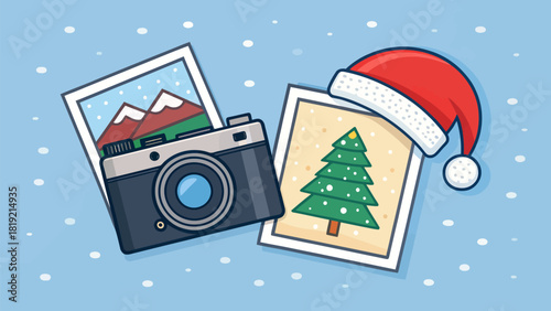 Festive holiday memories with retro camera and Christmas tree photo, Santa hat, winter vacation