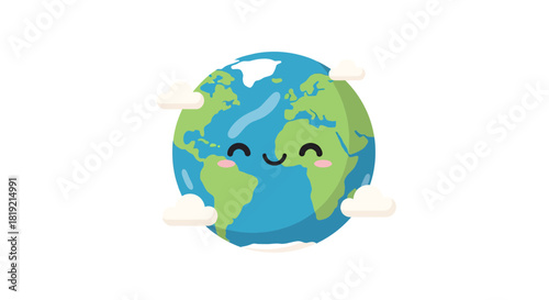 Happy earth illustration with a cute smiling face floating among fluffy clouds