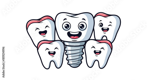 Happy dental team featuring a tooth implant with smiling teeth for healthcare promotion
