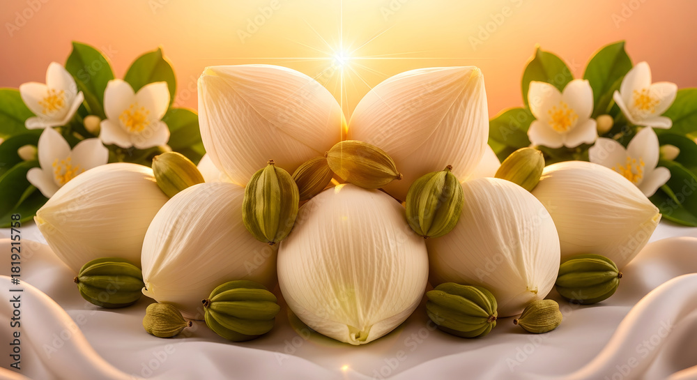 Fototapeta premium White lotus buds and green cardamom pods with jasmine flowers image
