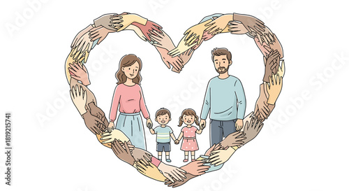 Diverse community hands forming a heart shape around a loving family illustration.