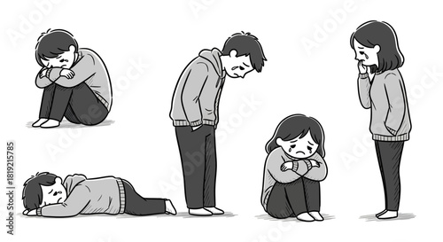 Melancholic moods, a collection of grayscale illustrations depicting states of sadness and despair