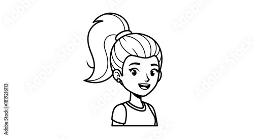 Monochrome line drawing illustration of a youthful cartoon female character