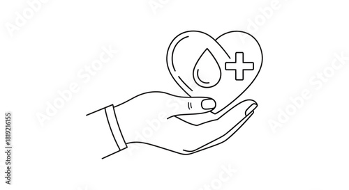 Outlined hand cradling a heart containing a blood drop and medical cross symbol depiction