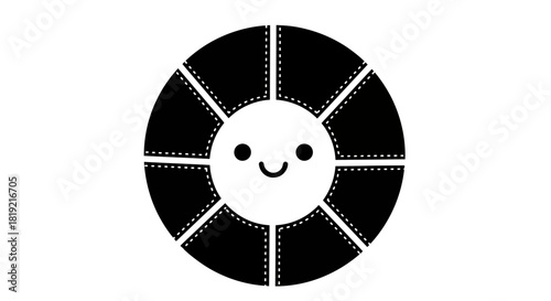 Playful sun face in segmented circle outline, a monochrome cartoon style illustration, design