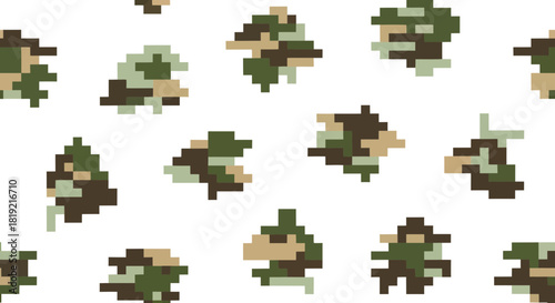 Seamless pixelated camouflage pattern offering a retro gaming aesthetic and military color palette