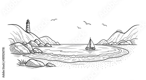 Seaside sketch with lighthouse and sailboat creates a sense of serenity and nautical adventure