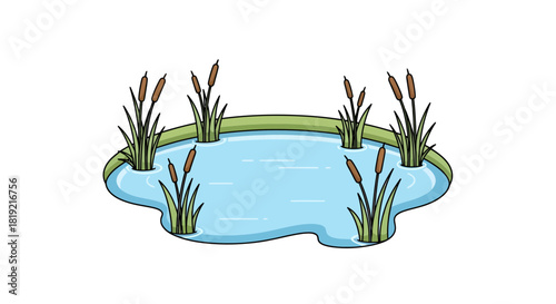 Serene pond illustration with cattails, reflecting nature's tranquility in a minimalist style