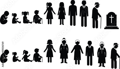 Human life cycle silhouette, aging stages, birth to death, male and female progression, black illustration, timeline concept, evolution, aging