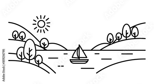 Serene lake landscape with sailboat and surrounding trees in a simple line drawing style