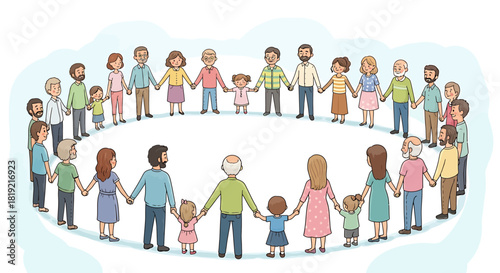 Diverse group of people holding hands in a circle of unity.