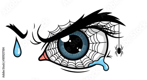 Spooky eye with spiderweb and tear drop illustration for Halloween themed designs