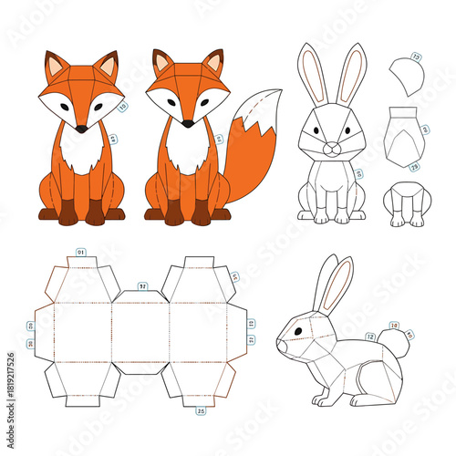 DIY Paper Craft Templates for Fox and Rabbit Animals.