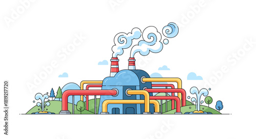 Stylized industrial complex with pipes and nature, conveying environmental impact balance