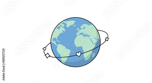 Stylized illustration of earth encircled by a love and star adorned path conveying global connection