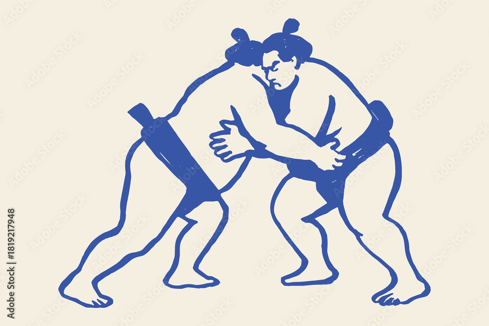 Fototapeta premium Sumo wrestlers fight hand drawn line art vector illustration