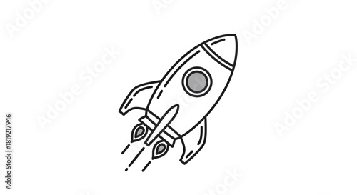 Stylized monochrome rocket ascending with flame trail for scientific exploration