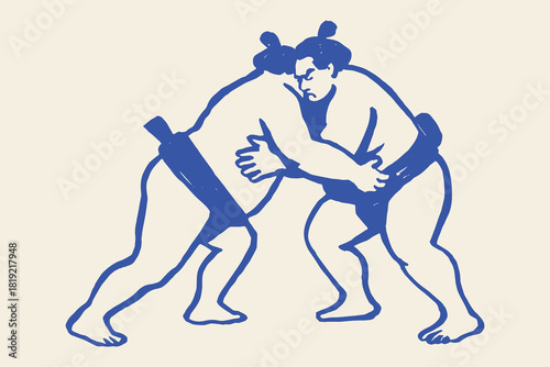 Sumo wrestlers fight hand drawn line art vector illustration