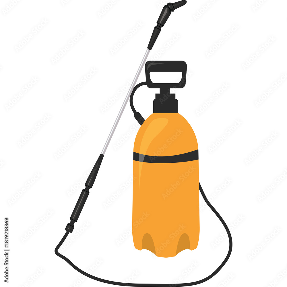 Fototapeta premium Orange garden sprayer with long wand and hose on a white background in a simplified flat illustration style