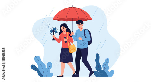 Couple walking in the rain under an umbrella, with the woman holding a fan for relief.