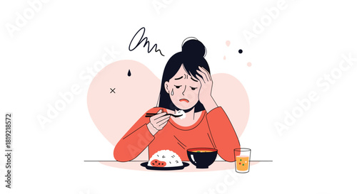 Sad young woman with a headache eating rice and soup at a table alone.