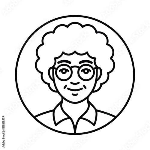 Simple line drawing portrait of a smiling elderly woman with glasses