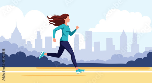 Woman jogging in the city with a skyline in the background, emphasizing fitness and urban activity.