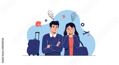 Worried couple with luggage looks distressed about travel plans and an airplane crash.