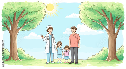 Family with two children consulting a healthcare professional in a park.