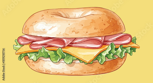 Delicious Bagel Sandwich with Ham Cheese and Lettuce.