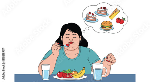 Woman eating salad while dreaming of unhealthy foods like cake and burgers.
