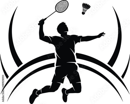 Badminton player silhouette, shuttlecock in flight, athletic action pose, black and white design, sports motion, dynamic energy, racket swing