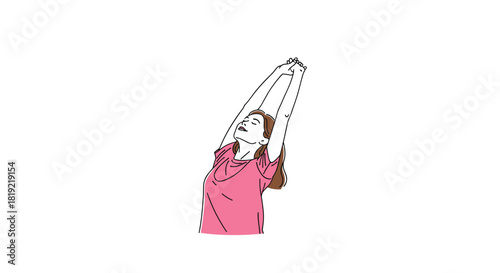 Young woman stretching her arms above her head with a relaxed expression.