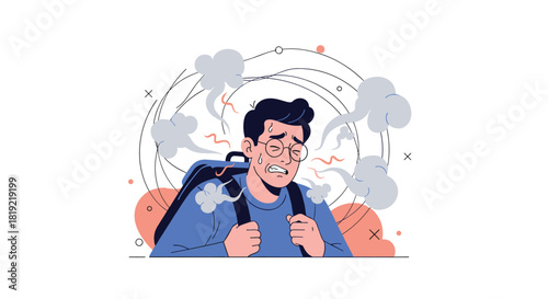 Stressed young man wearing glasses and a backpack, surrounded by swirling smoke and abstract shapes, conveying a sense of overwhelm.