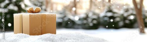 Golden gift box on snow with falling snowflakes and warm bokeh light, cozy winter holiday scene evoking joyful anticipation