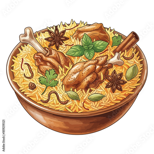 Delicious Chicken Biryani Bowl with Aromatic Spices and Herbs.