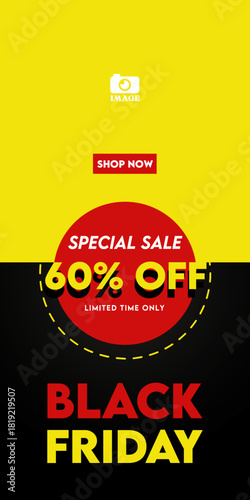 Vertical Black Friday banner design. Price promo template, big offer, marketing