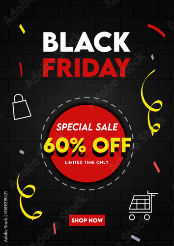Black Friday event poster design. Template with bag icon, trolley icon, confetti for big discount promo