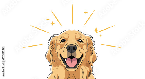 Happy golden retriever dog with shining sparks above its head on a white background.