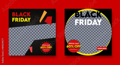 Black Friday set social media design. Promotional template with product photo area