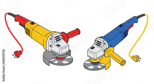 Illustration of two angle grinders one red and yellow the other blue